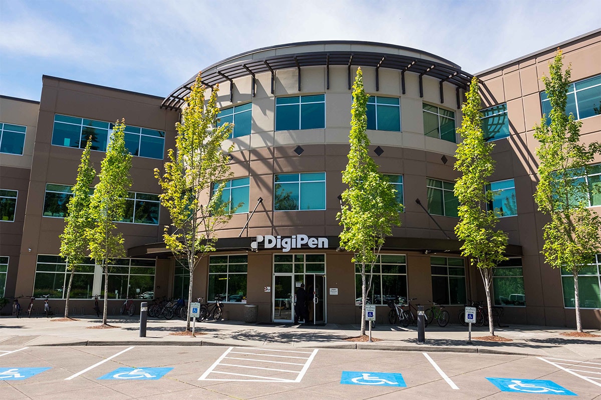 Photograph of the DigiPen USA building's main entrance taken at midday