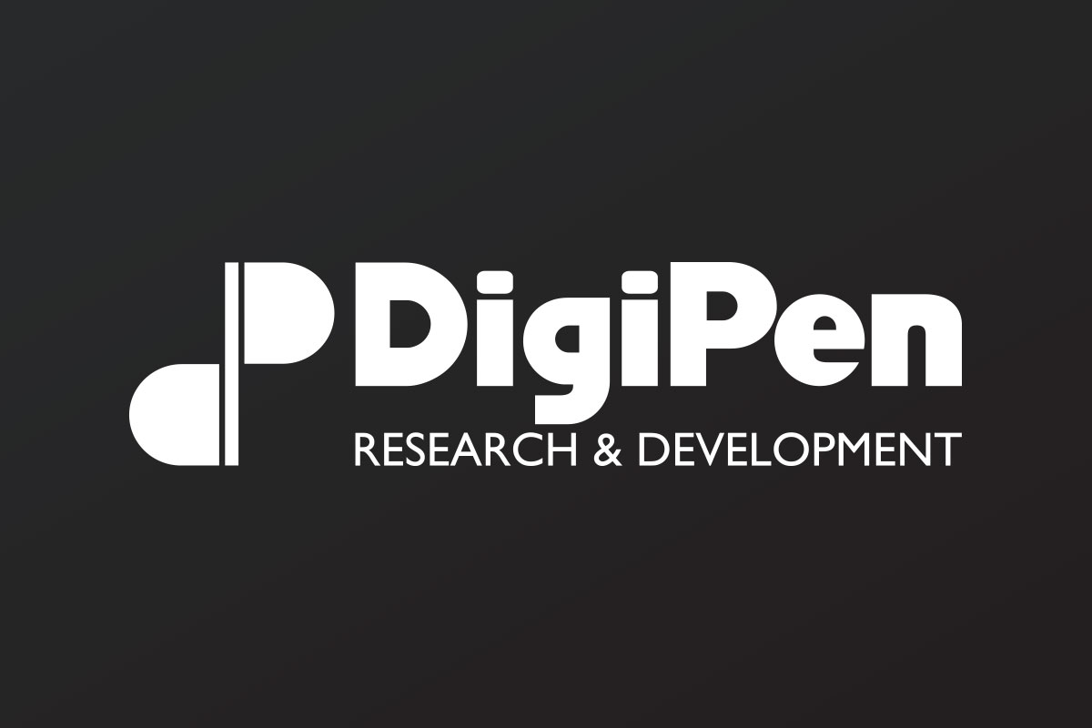 White logo of DigiPen Research and Development on a gray background