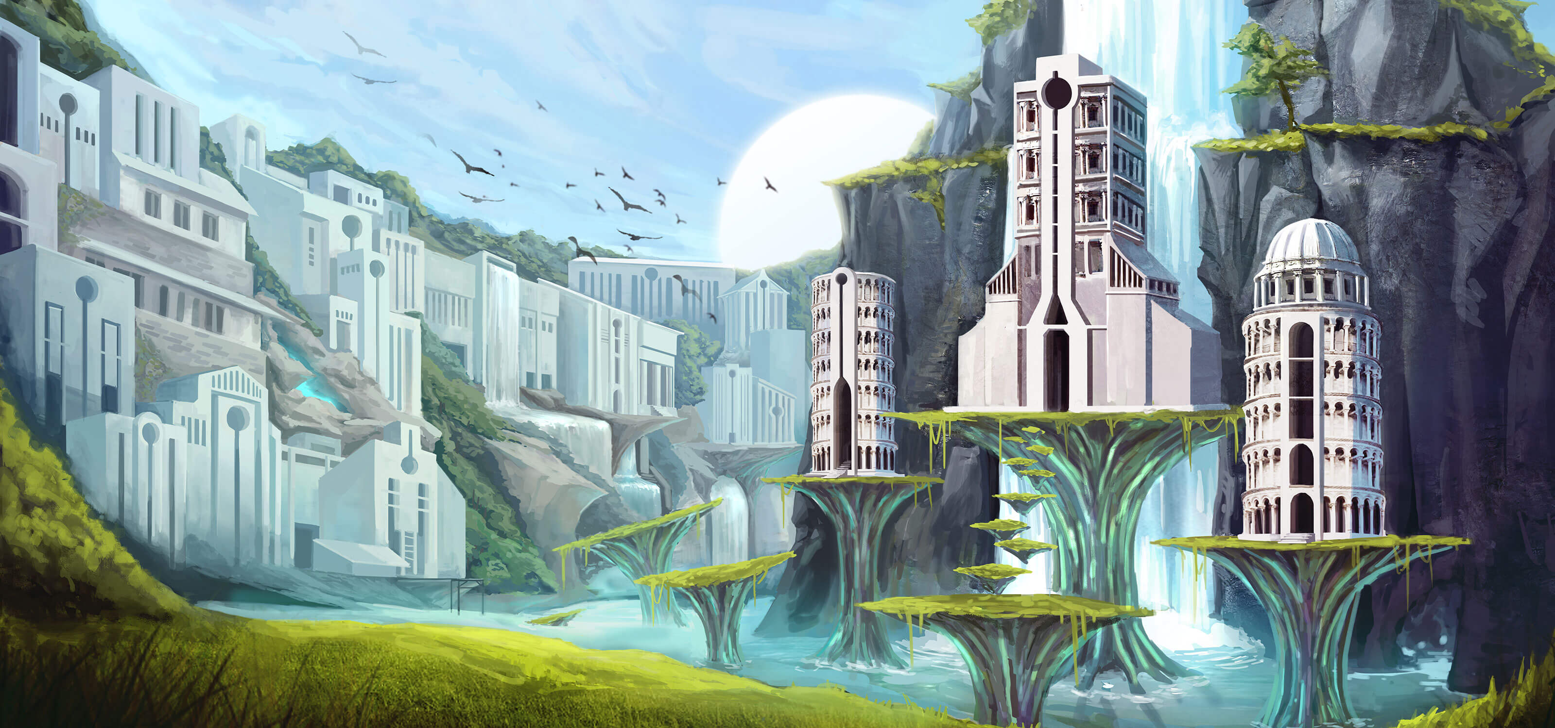 Futuristic Romanesque structures in an alien landscape by a waterfall.