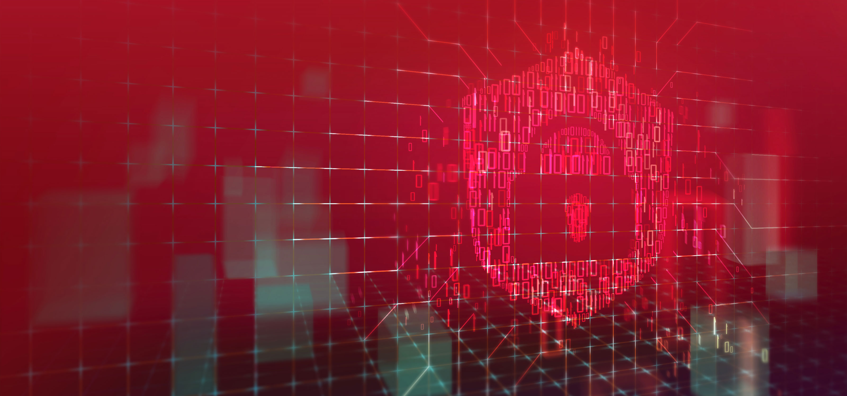 Graphic of red-hued ones and zeroes forming the image of a padlock against a red, abstract background.