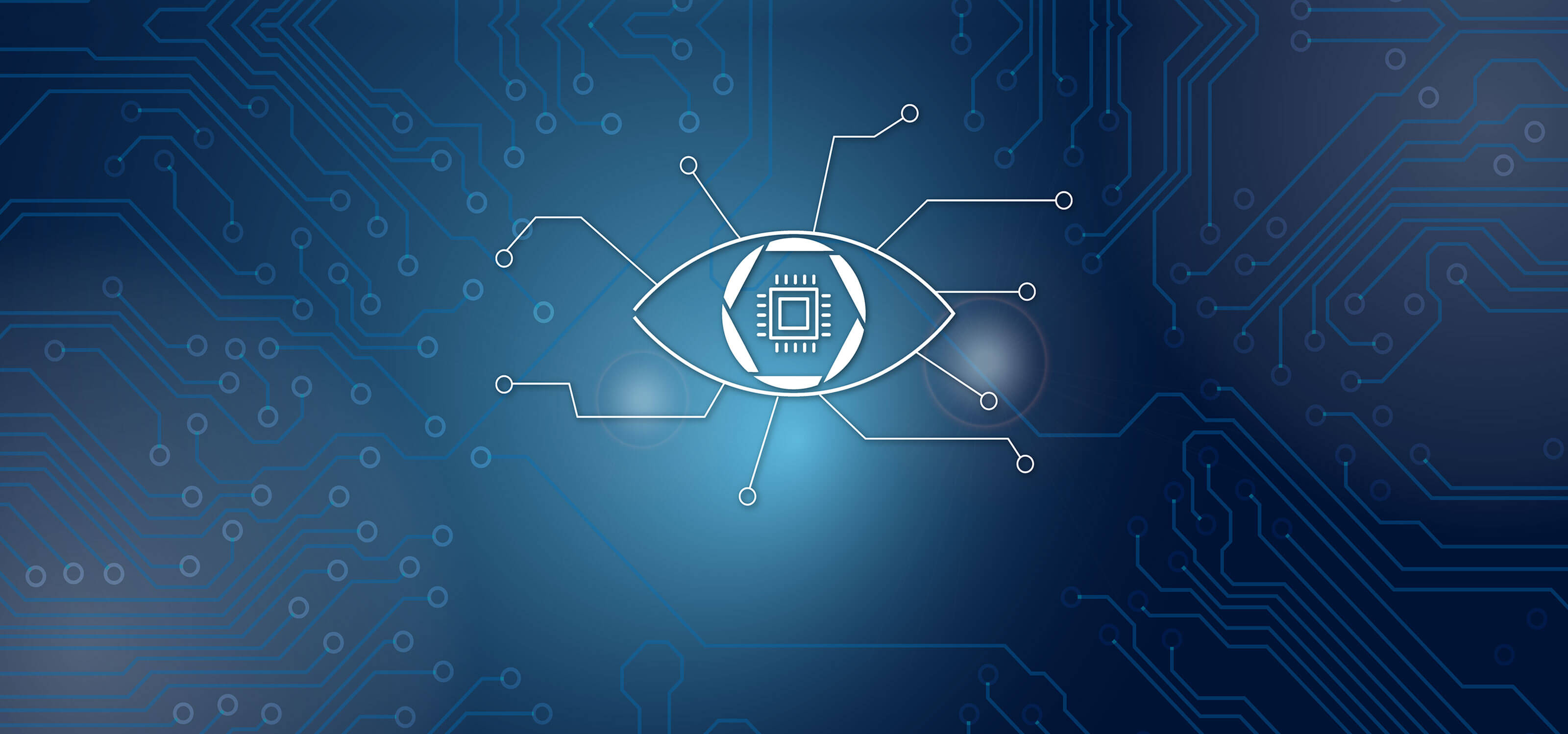 Abstract image of a digital eye surrounded by nodes and circuits.