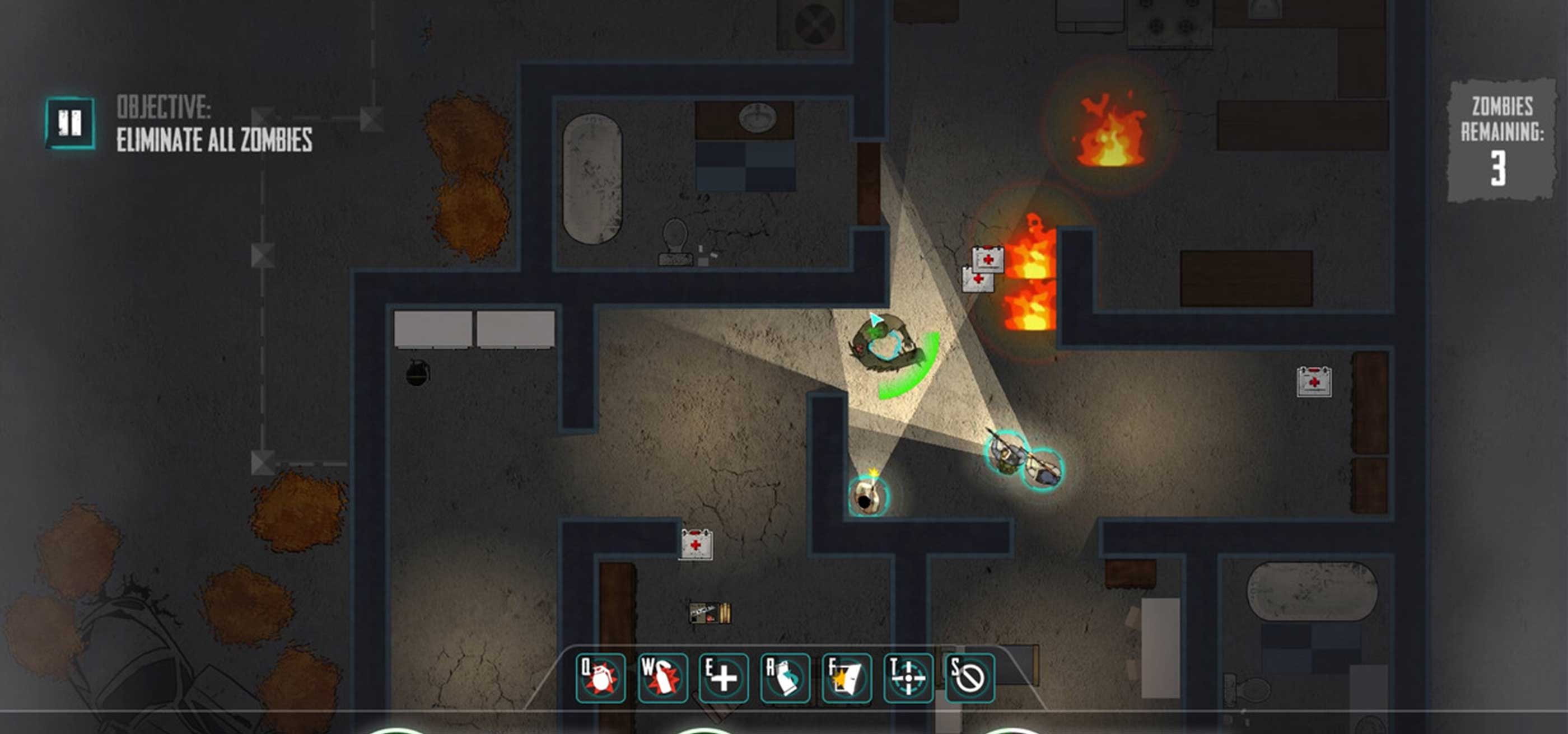 A top down game view of three players aiming their weapons at a zombie.