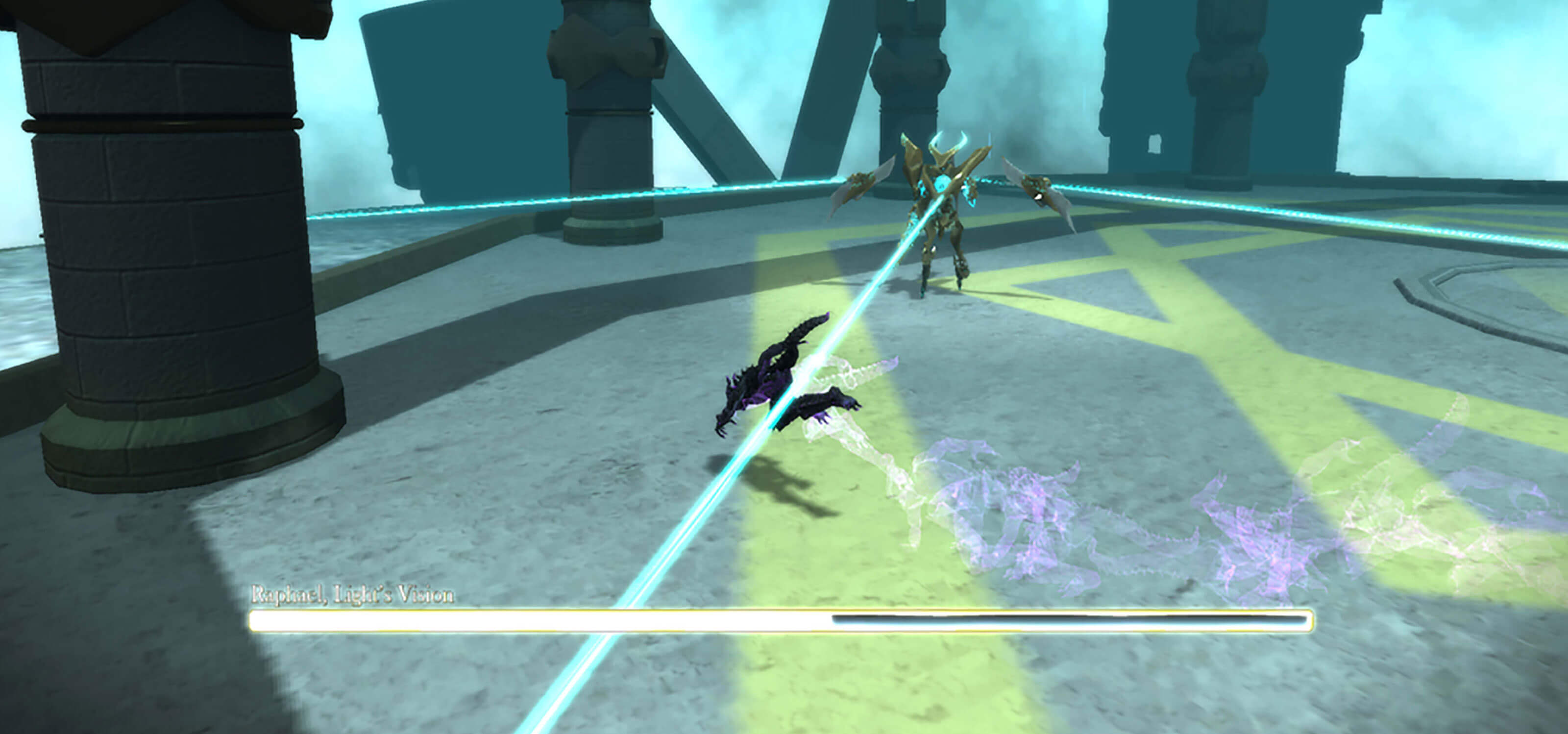 A demon-like figure in black and purple dodges blue beams coming from a large monster on a gray, polygonal parapet.