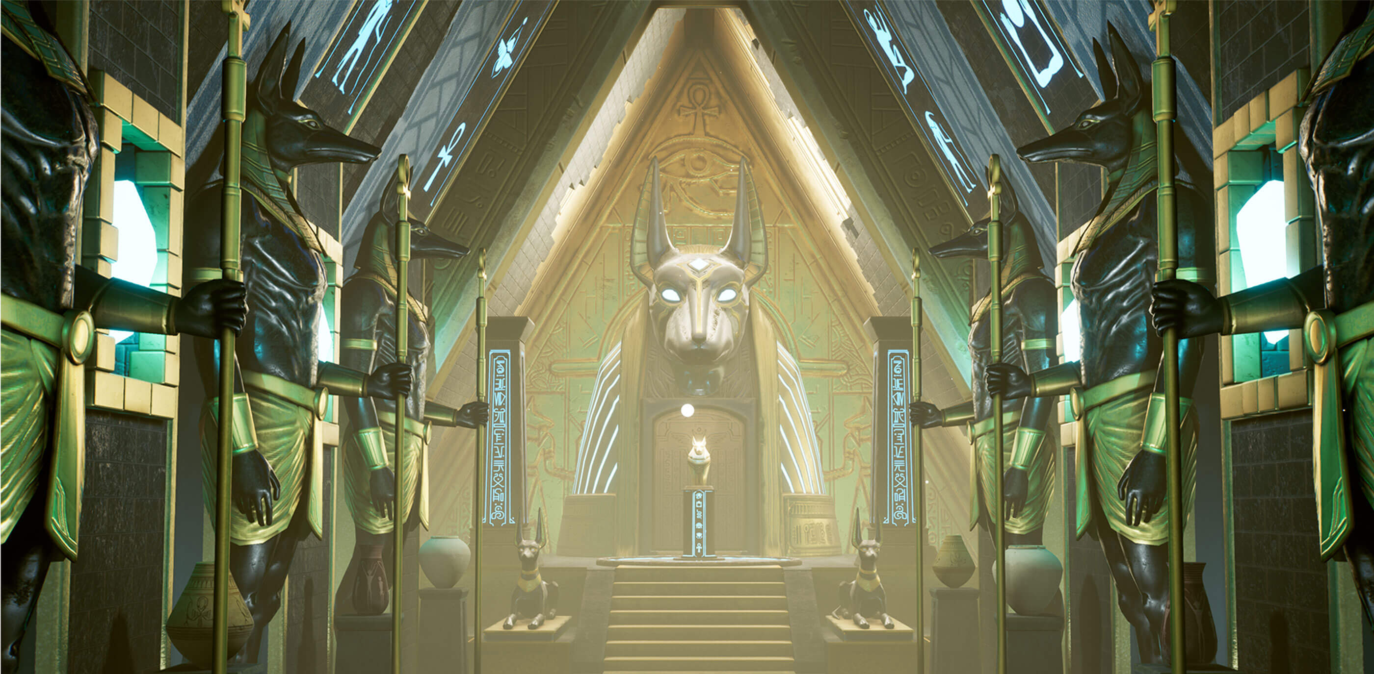 An ornate chamber adorned with Anubis statues and jackal imagery.