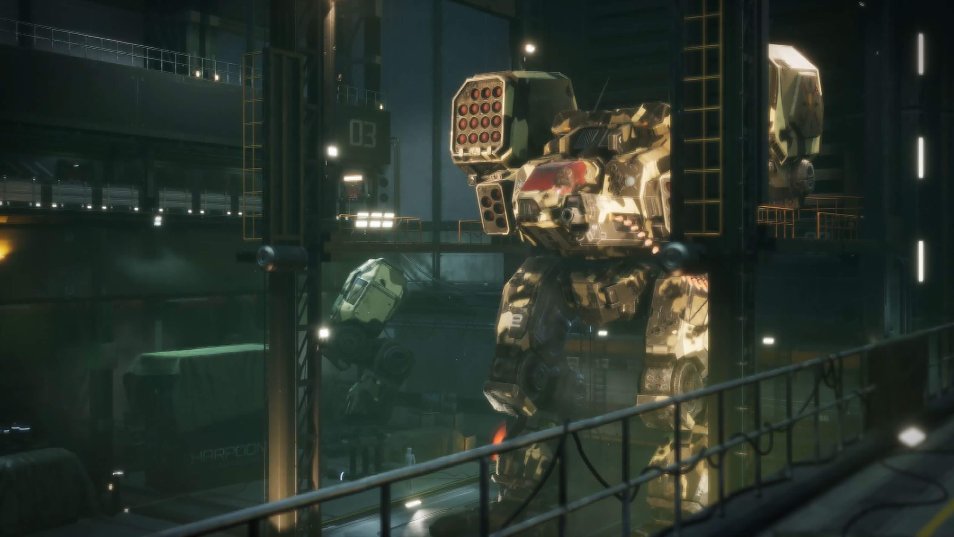 A gigantic armored battle mech stands in a hangar.