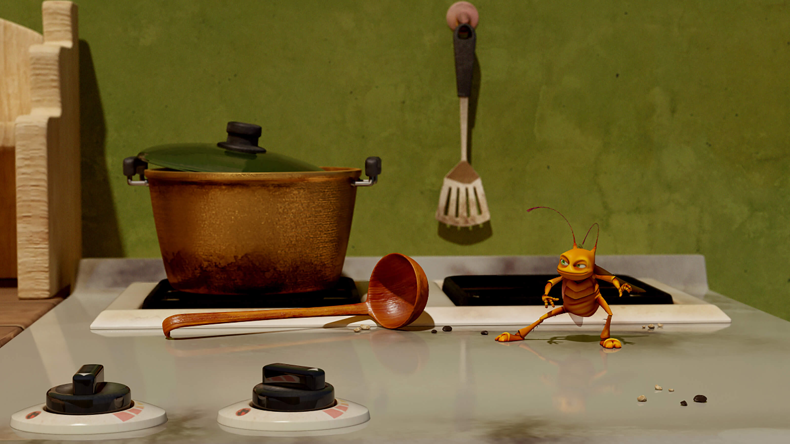 A CG-animated roach crouches adroitly on a stovetop in front of a pot and wooden ladle.