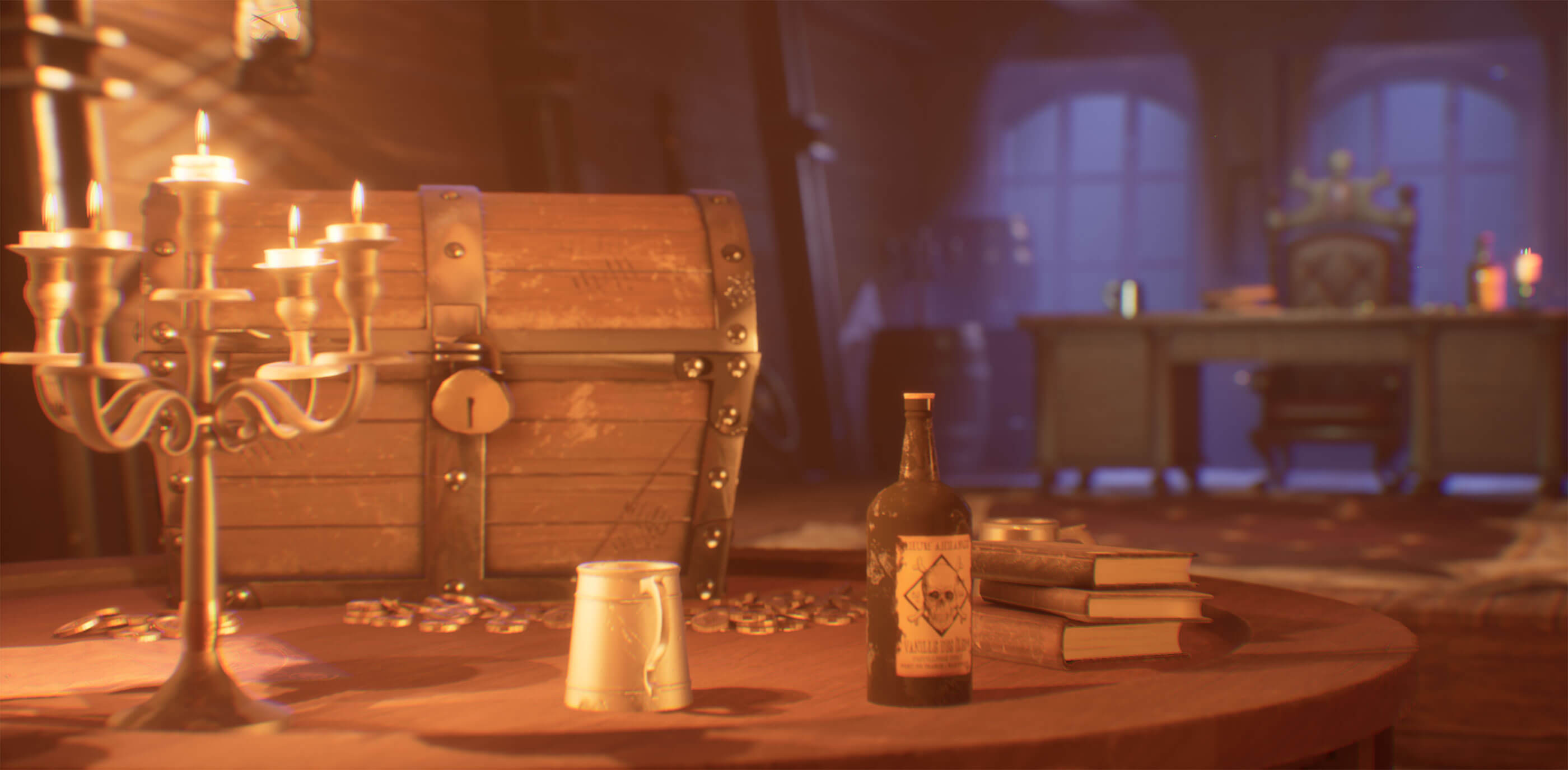 Brightly lit 3D scene of a pirates inner chambers depicting a treasure chest on a table 