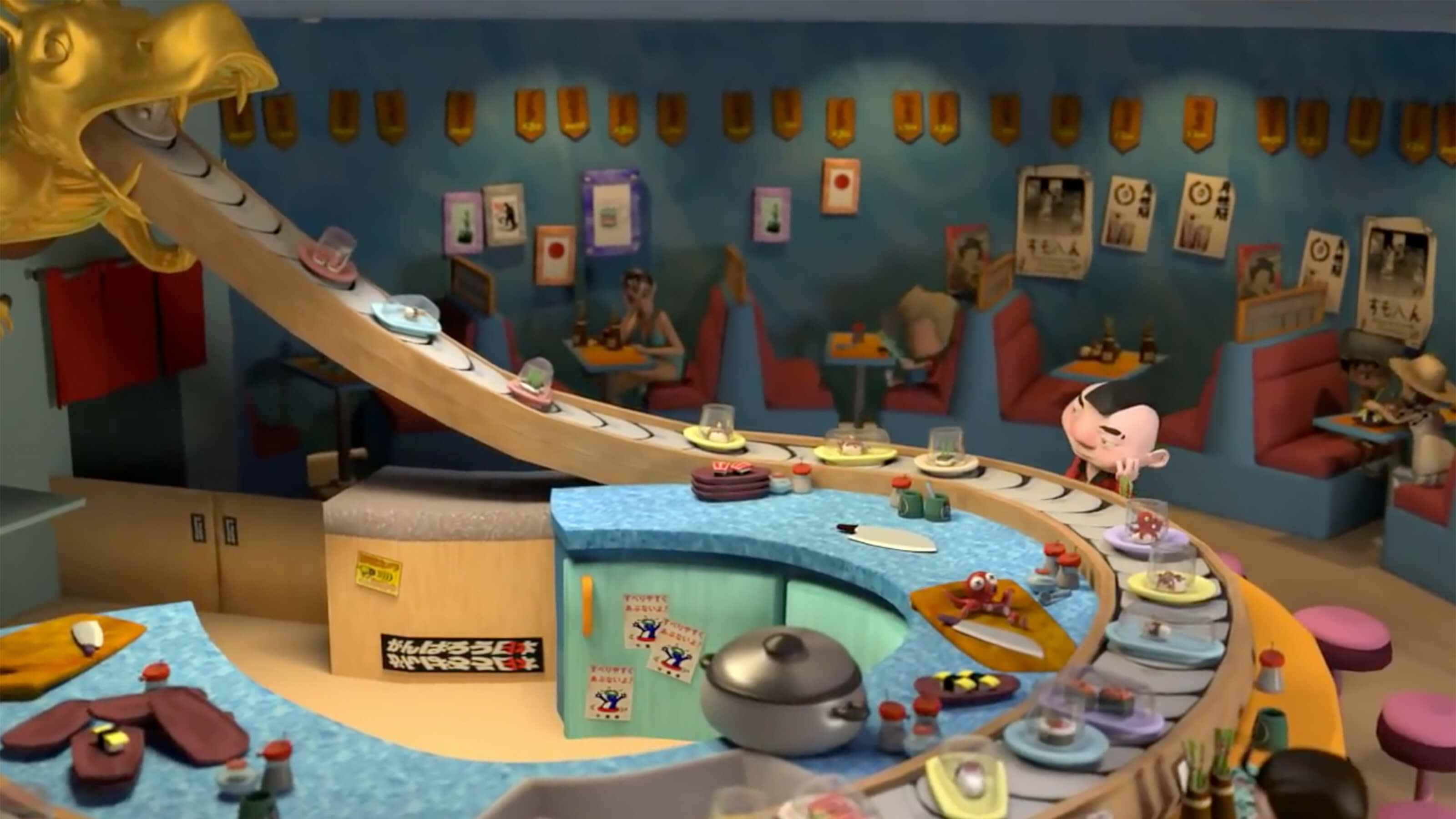 In a colorful CG animated scene, a short, bored man stares at incoming plates at a conveyor sushi restaurant.