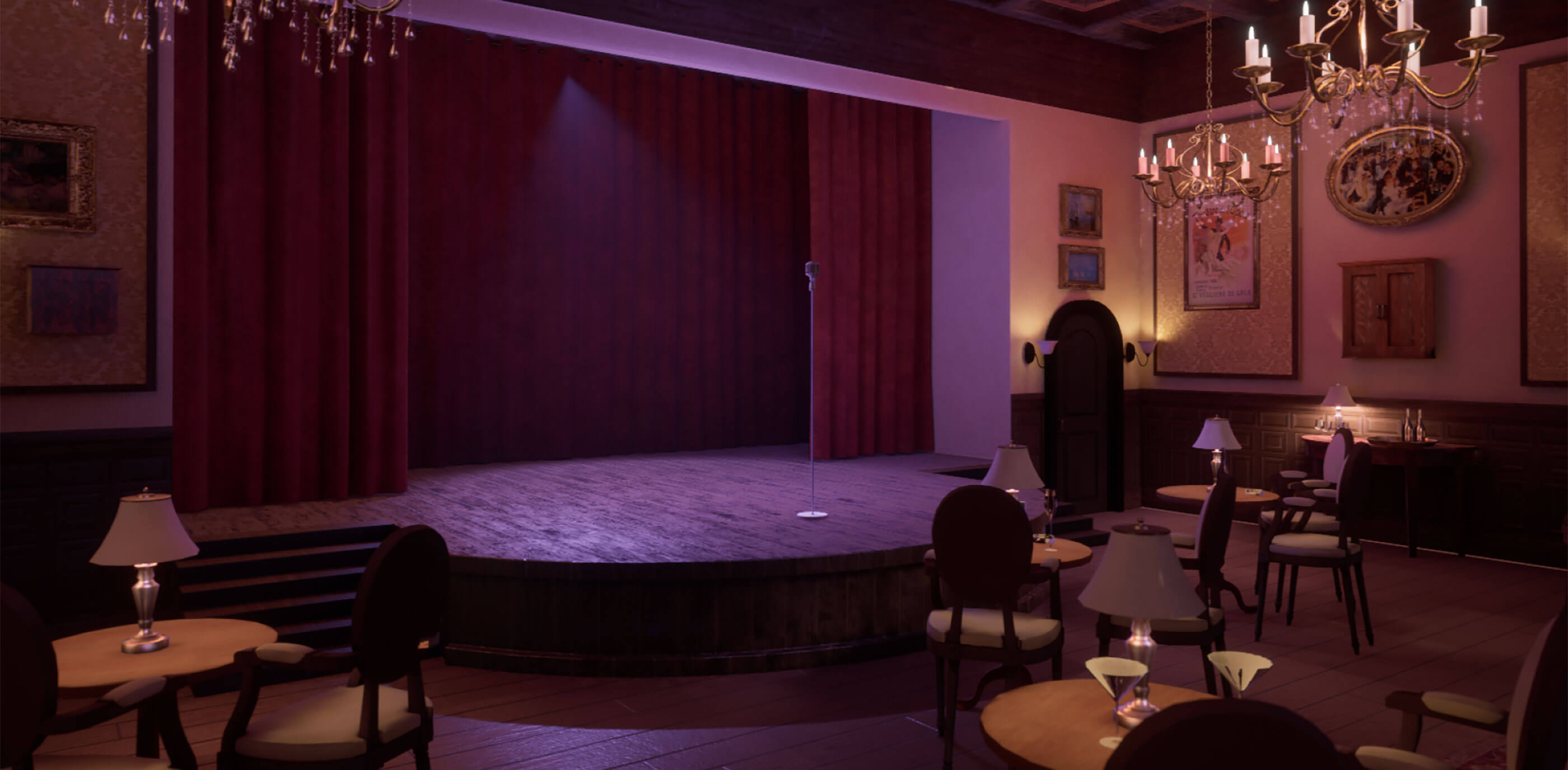 A dimly lit empty cabaret stage with empty tables surounding it