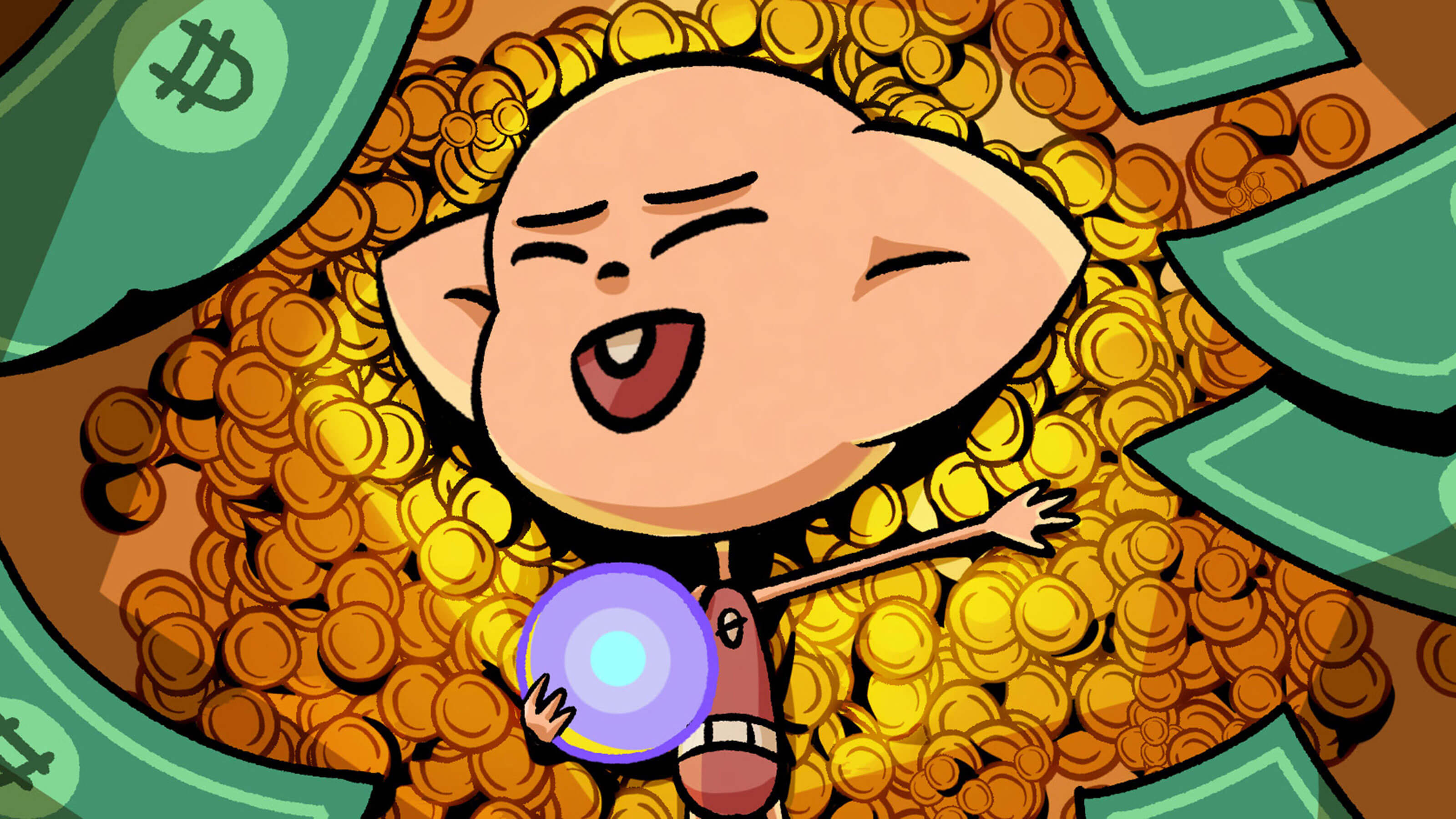 Alien character celebrates with gold coins in the background