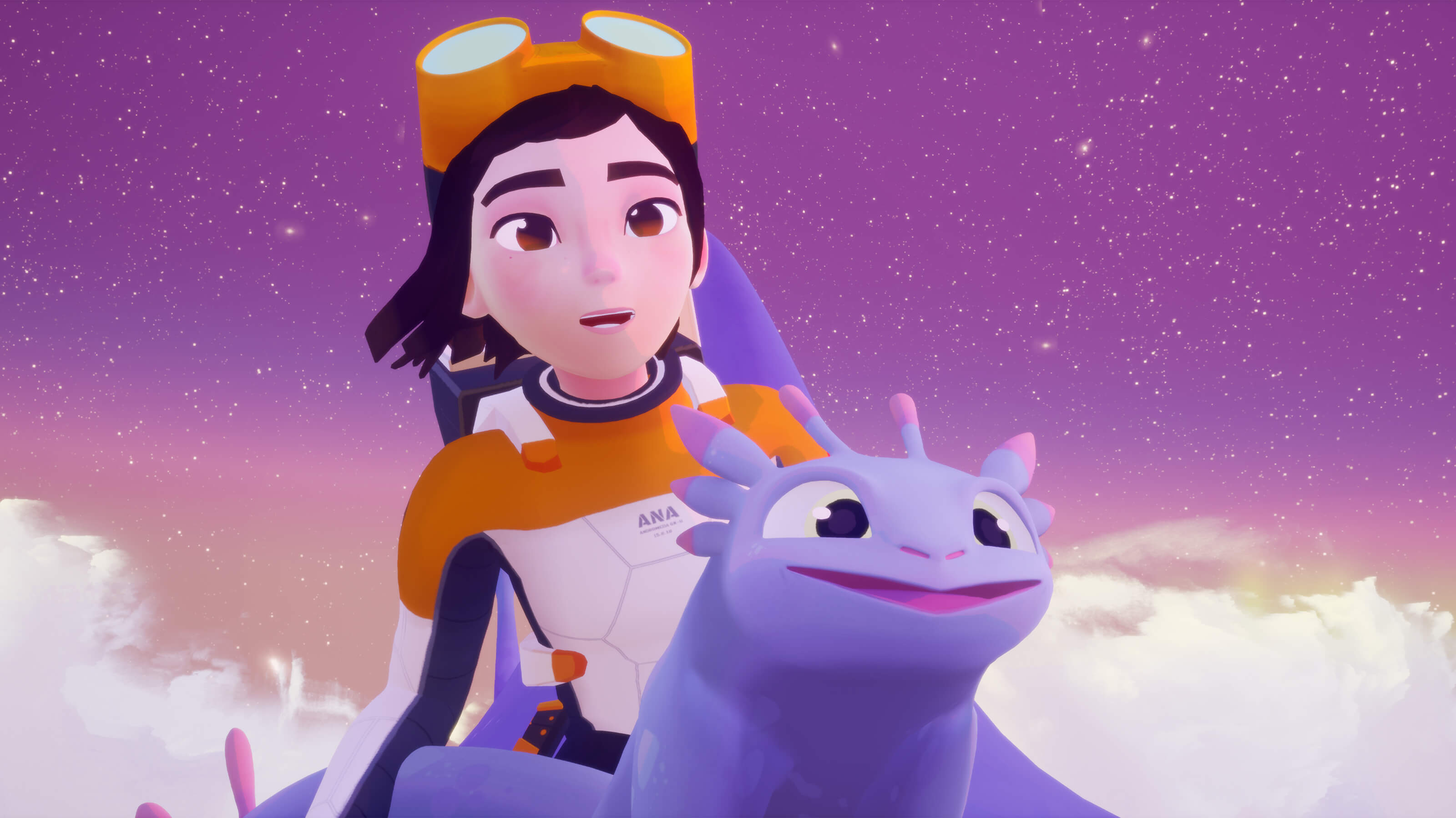 Young woman in futuristic flight suit rides above the clouds on a flying creature.