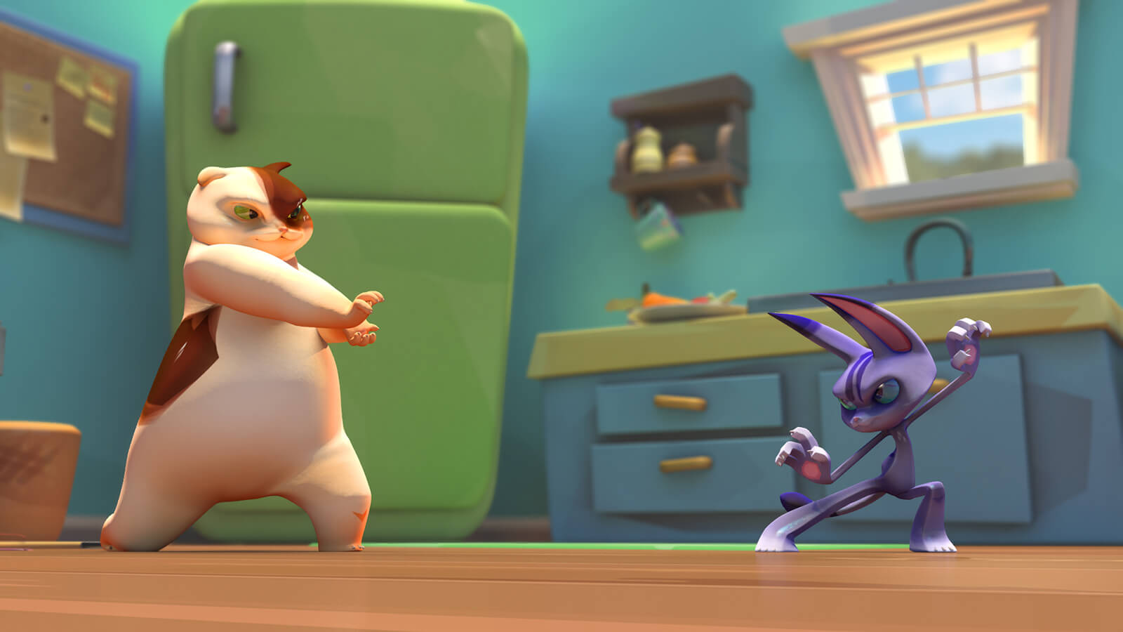 A fat, brown-and-white cat and a small purple cat face off in fighting stances against a colorful kitchen backdrop.