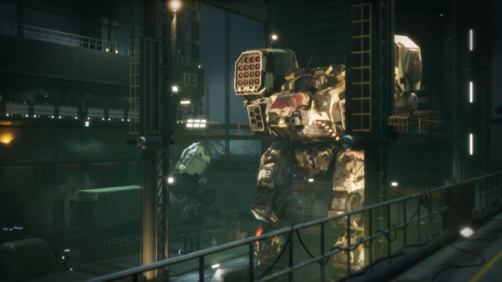 A gigantic armored battle mech stands in a hangar.