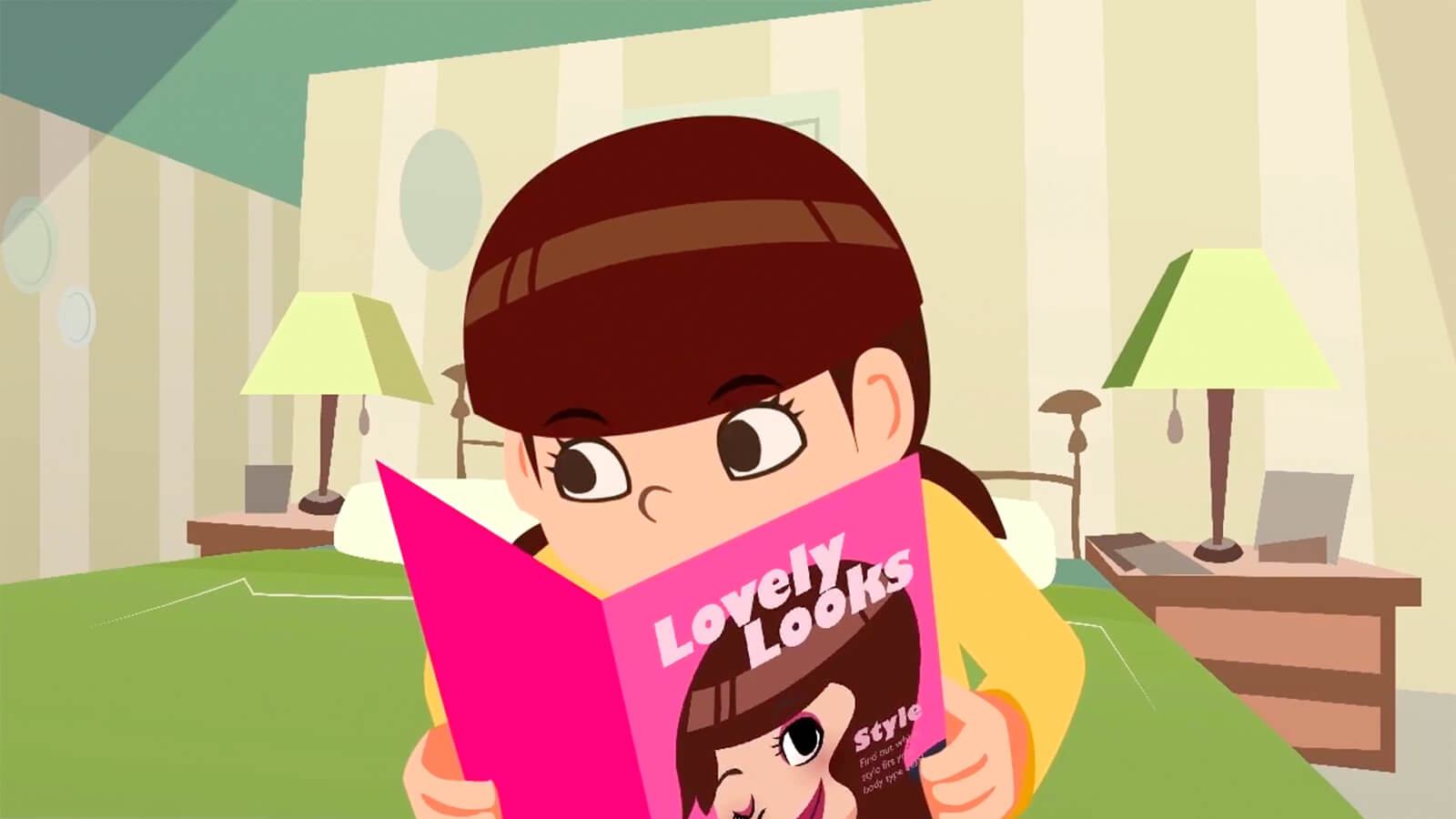 A young, brown-haired girl looks up from behind a fashion magazine titled "Lovely Looks" while sitting on a green bed.