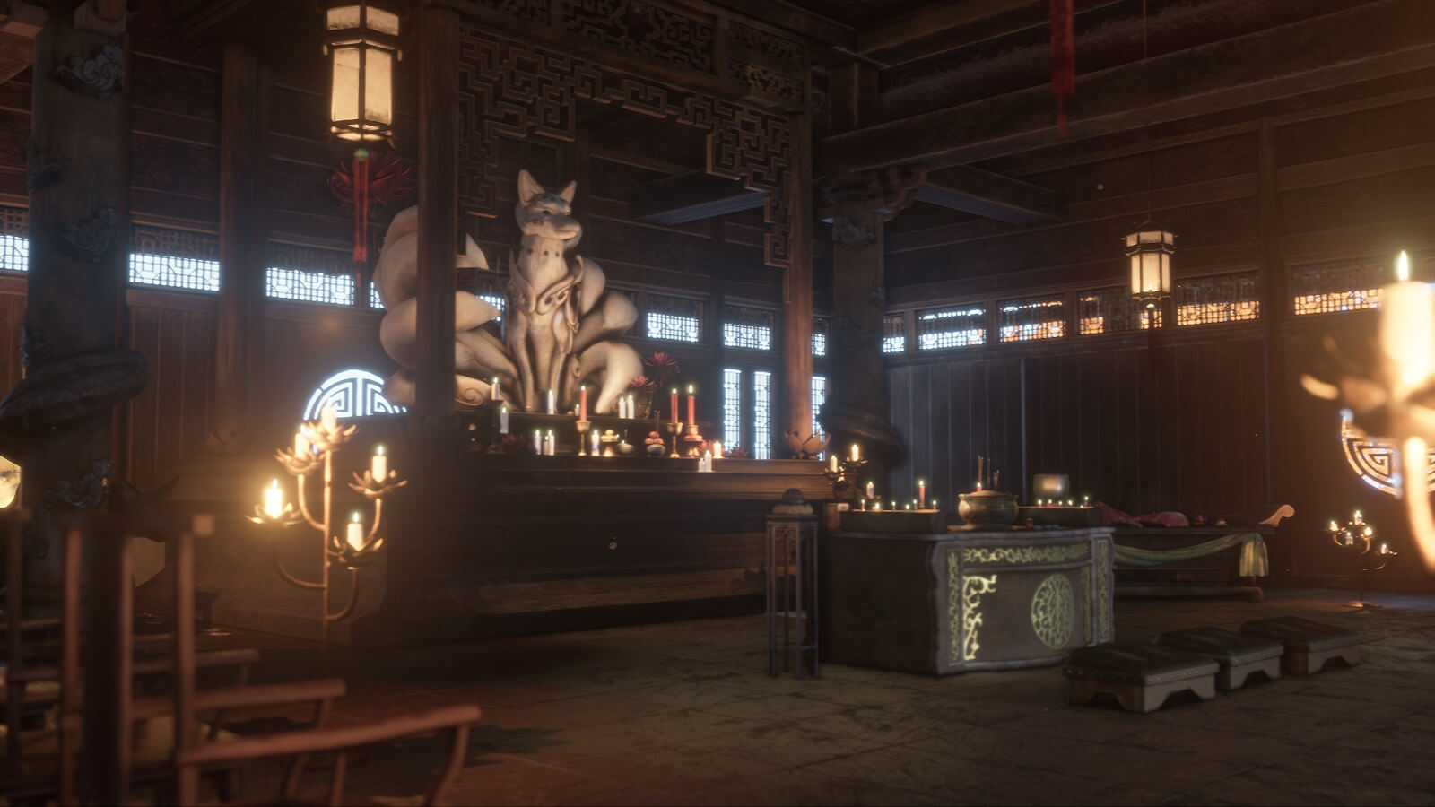 Fox statue in a temple interior