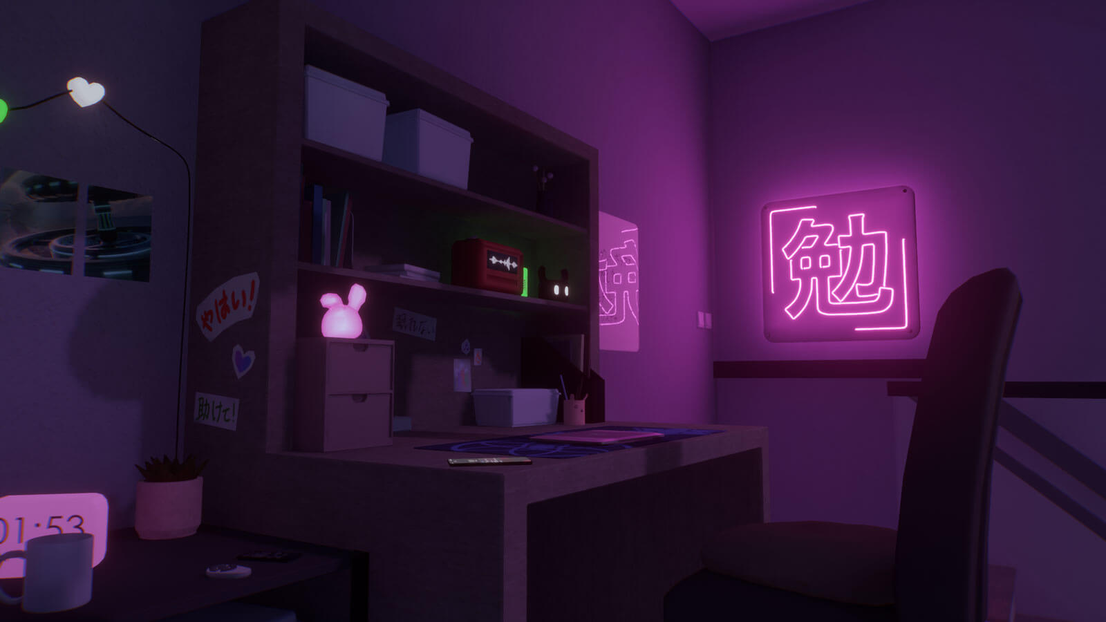 3D scene with a desk illuminated by a neon sign in the shape of a Japanese kanji.