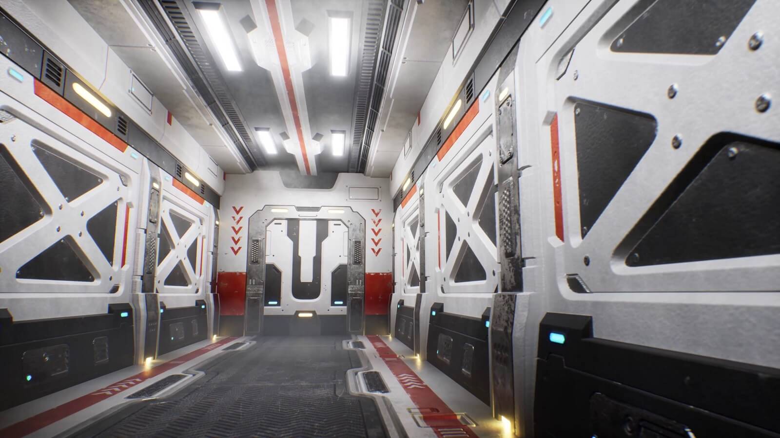 Interior view of a spaceship corridor with closed door