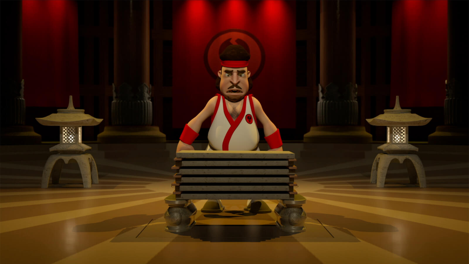 A karate master in a red-and-white gi looks worriedly at a stack of concrete slabs he's expected to break with his head.