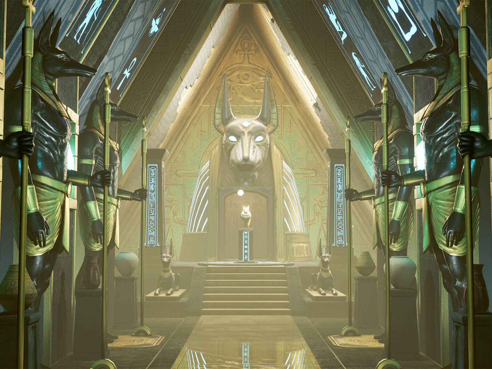 An ornate chamber adorned with Anubis statues and jackal imagery.