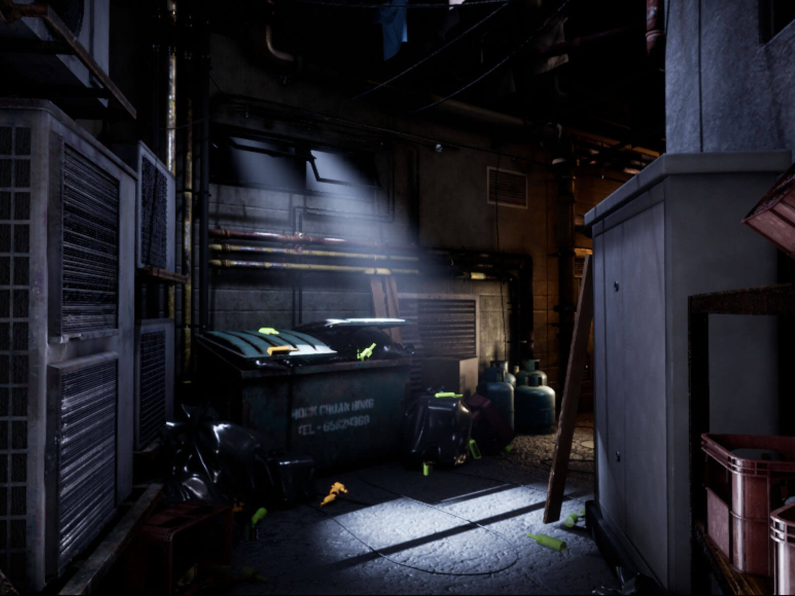Dimly lit dumpster in an urban alleyway.