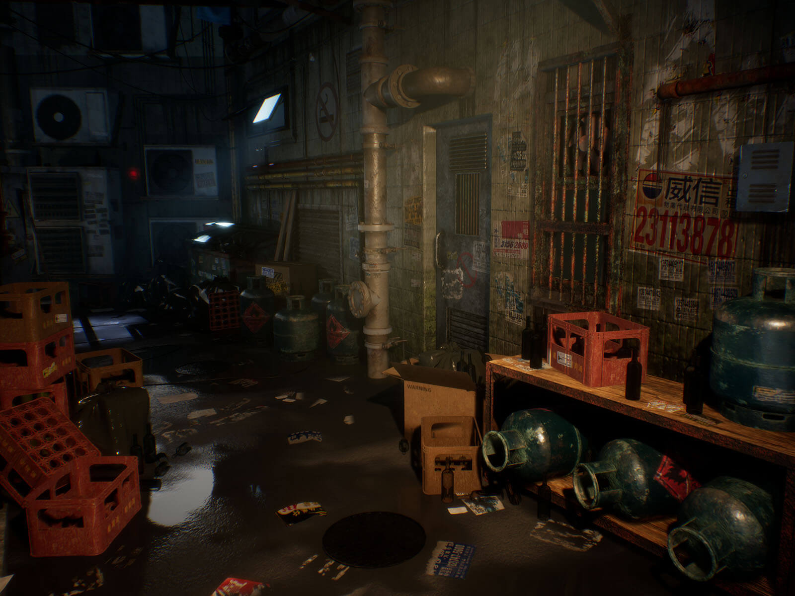Gas tanks and crates strewn about a dimly lit alleyway.