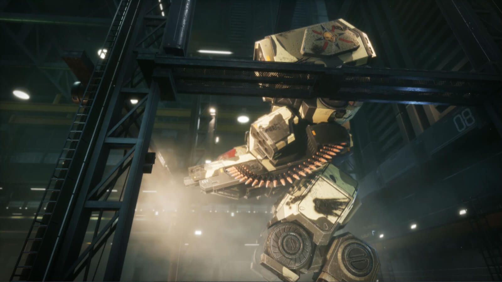 Seen from the side, a gigantic armored battle mech stands in a hangar.