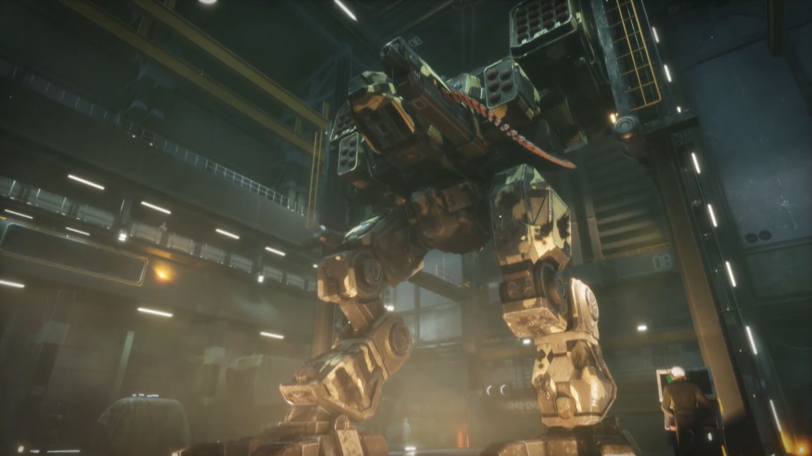 Seen from below, a gigantic armored battle mech stands in a hangar.