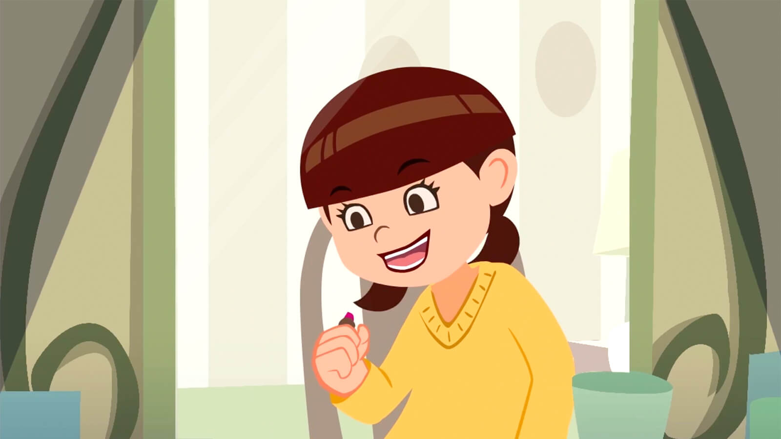 A young brown-haired girl in a yellow sweater grins while clenching a pink lipstick applicator in her fist.