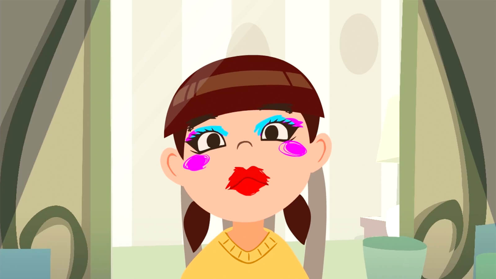 A young brown-haired girl looks in a mirror with bright pink, aqua, and red makeup applied haphazardly across her face.