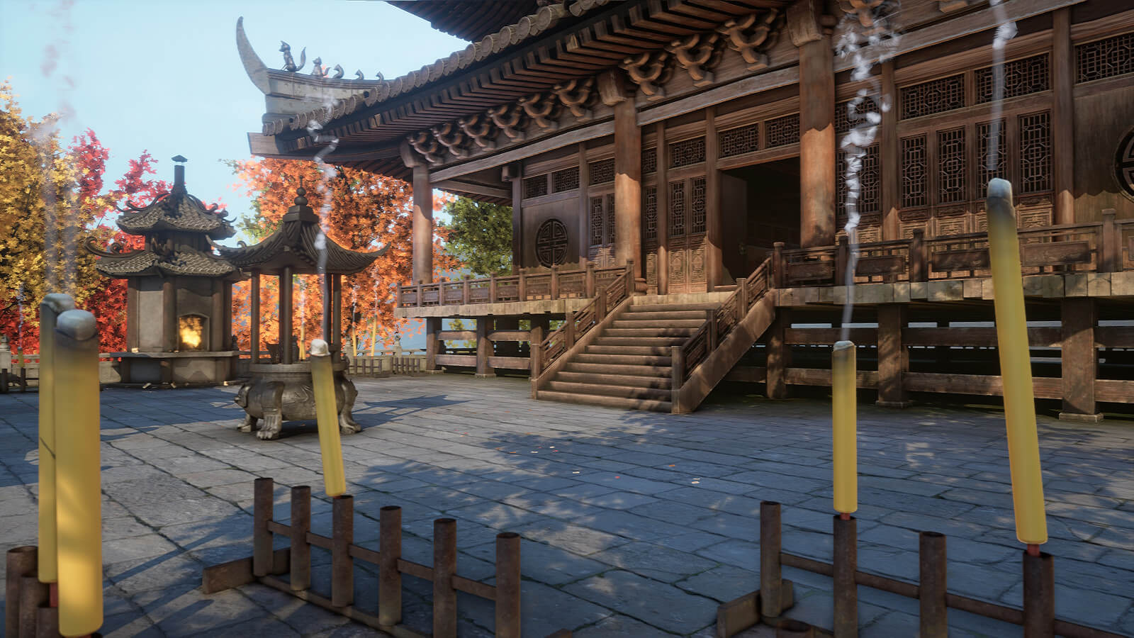 Exterior of a temple courtyard in Autumn