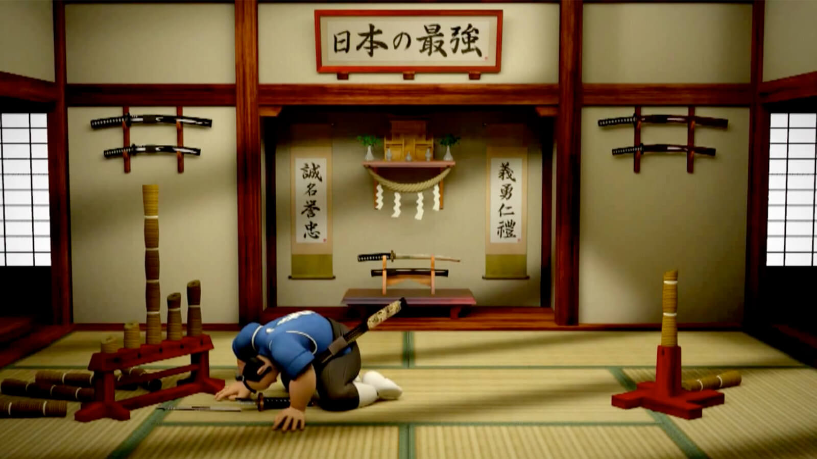 A samurai in a blue tunic kneels in defeat, his sword broken, as a single rolled-up straw mat remains standing before him.