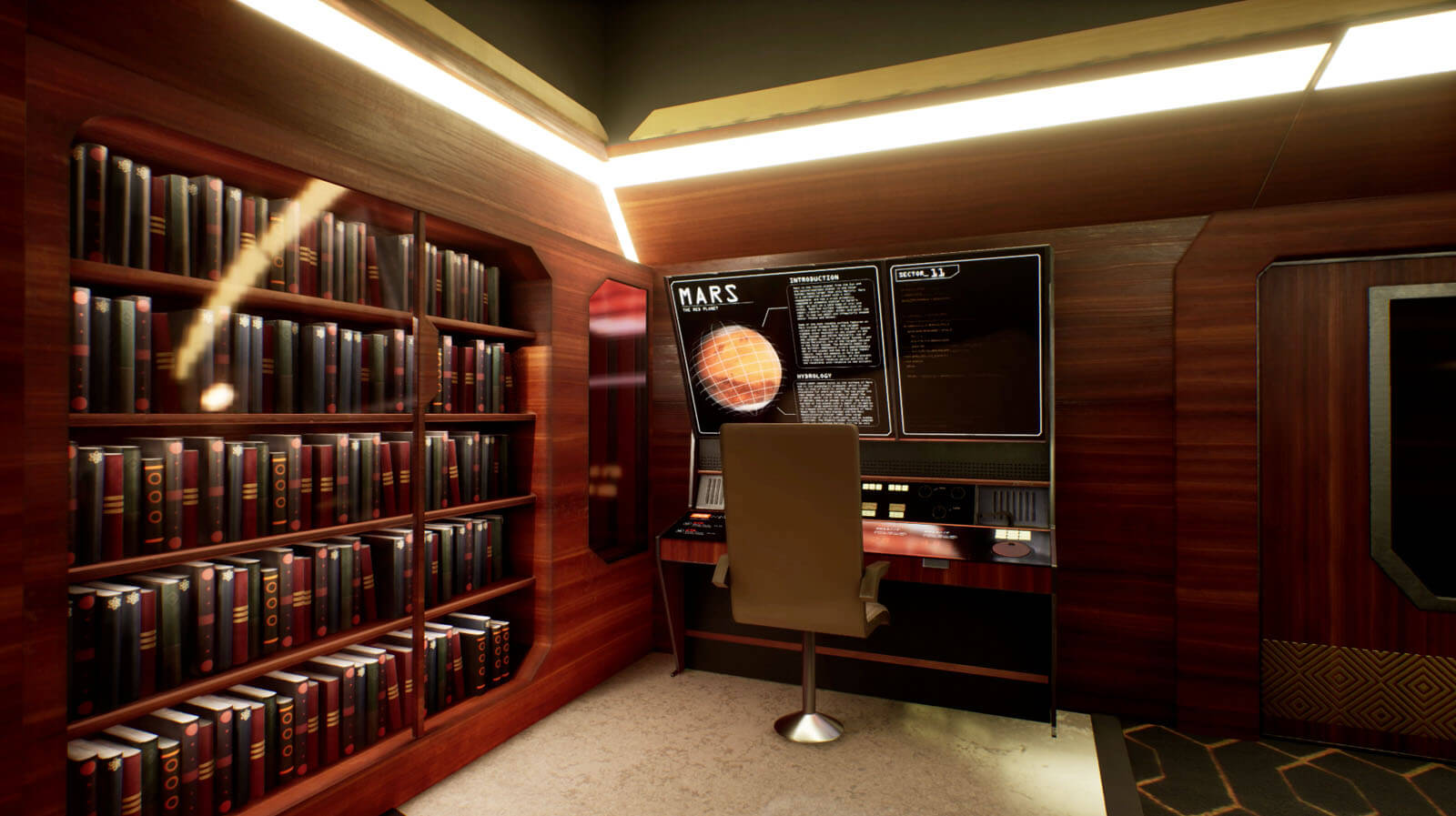 A large screen at a futuristic desk displays the words 'Mars' aboard a futuristic ship