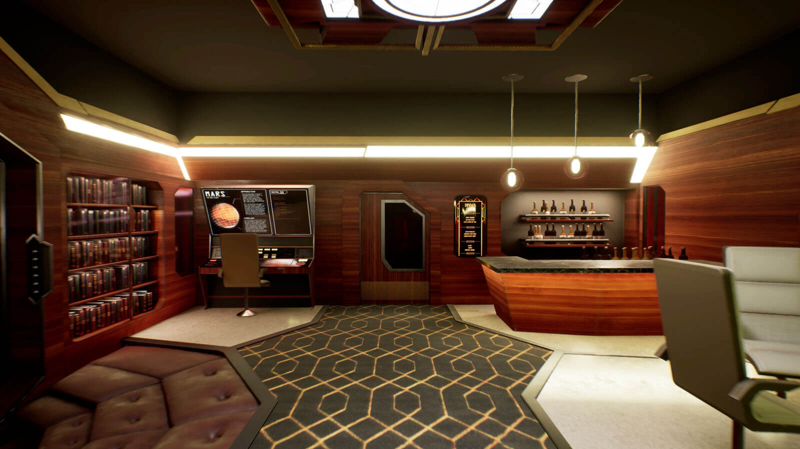 Panned-out view of a futuristic ship's living quarters with a desk, bar, and seating