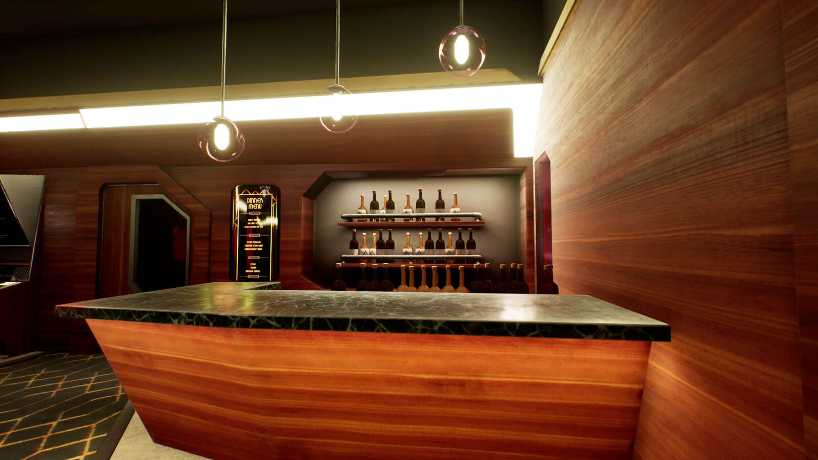 Counter-level view of a 3D bar with various bottles on a shelf behind it