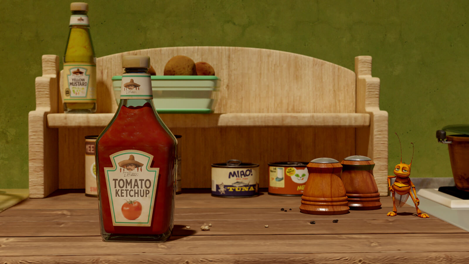 A CG-animated roach stands on a wooden countertop next to bottles of condiments, salt &amp; pepper shakers, and canned goods.