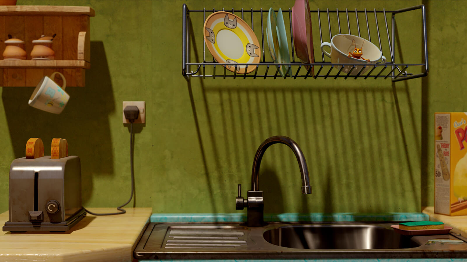 A colorful CG kitchen scene with a sink, toaster, and drying rack with a roach sitting in a tea cup.