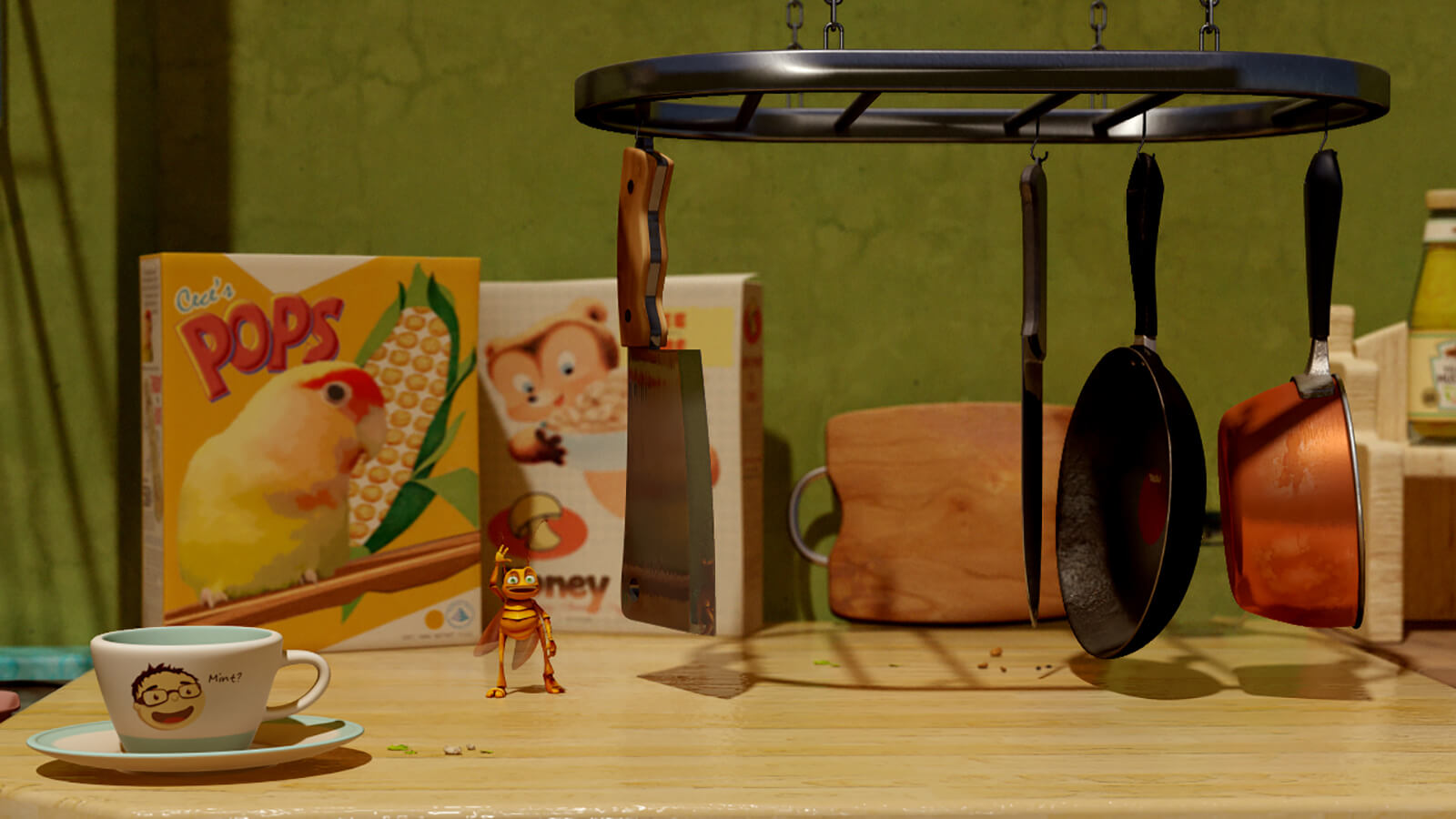 A CG-animated roach stands and waves at the viewer in front of cereal boxes, a teacup, and hanging knives and pans.