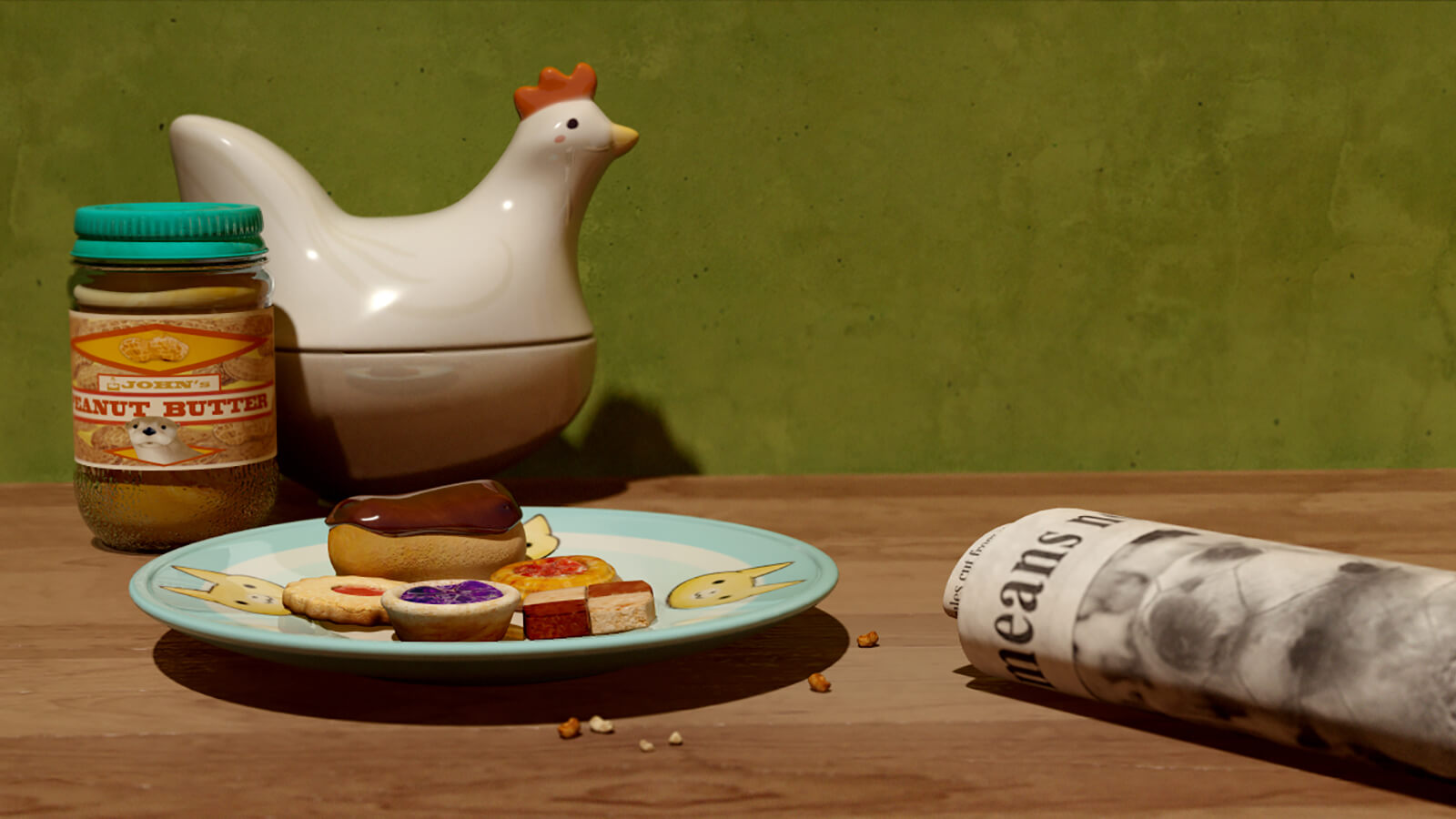 A CG scene on a wooden countertop with a plate of snacks, a rolled-up newspaper, a jar of peanut butter, and ceramic chicken.