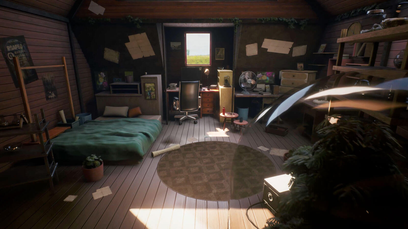 3D view from behind a terrarium, depicting the bedroom from a downward angle