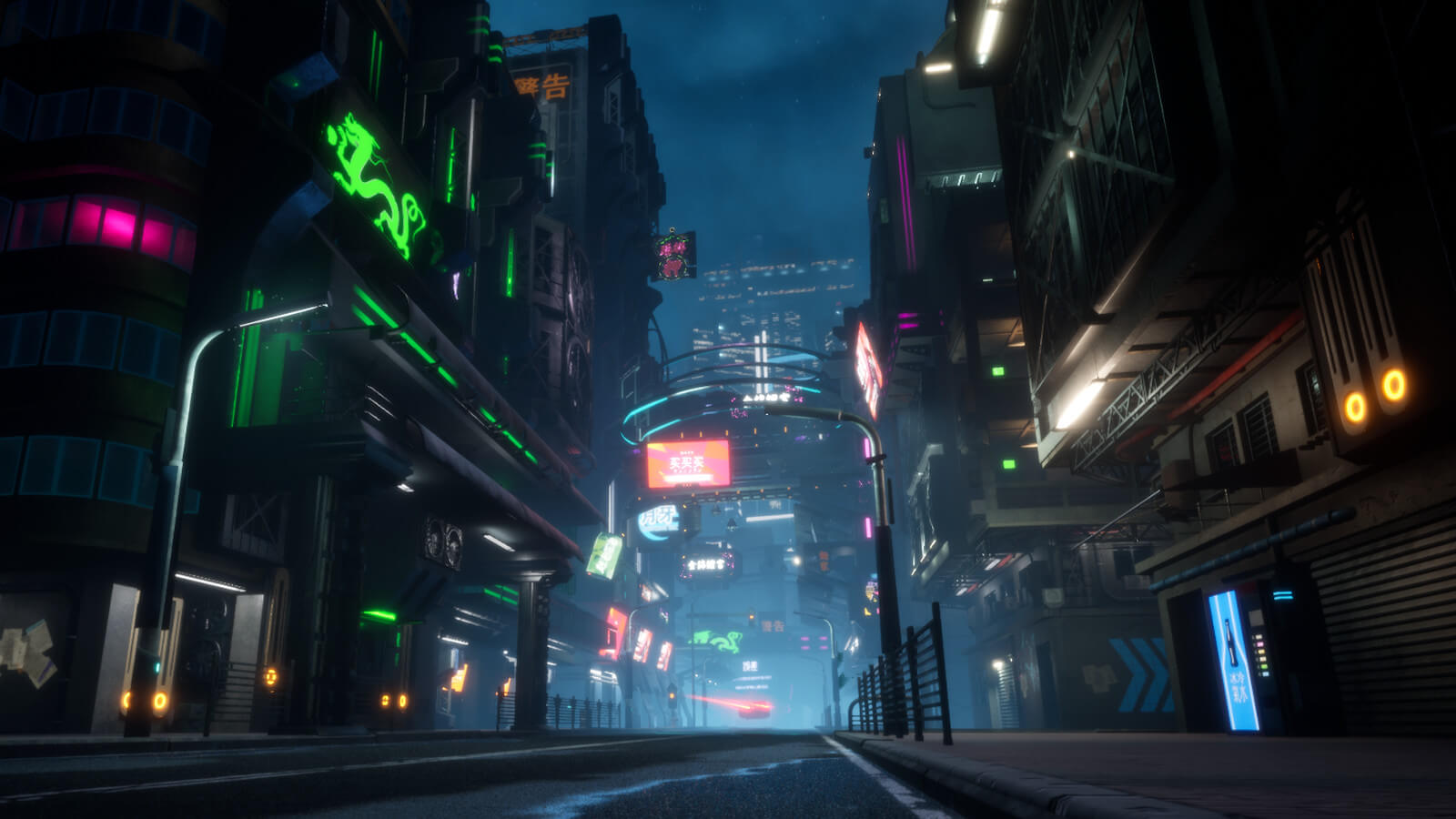 Futuristic city street at night