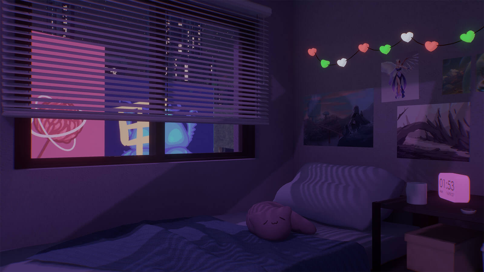 3D rendered view of a low-lit bedroom and cityscape outside