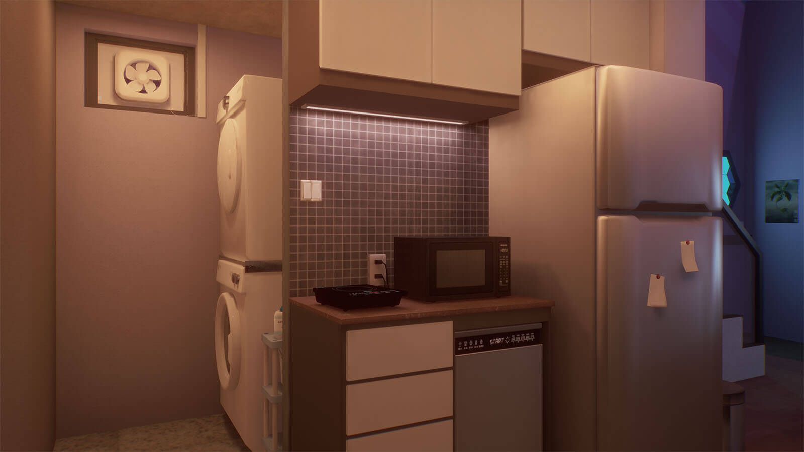 3D rendered view of a small kitchen and nearby washer and dryer