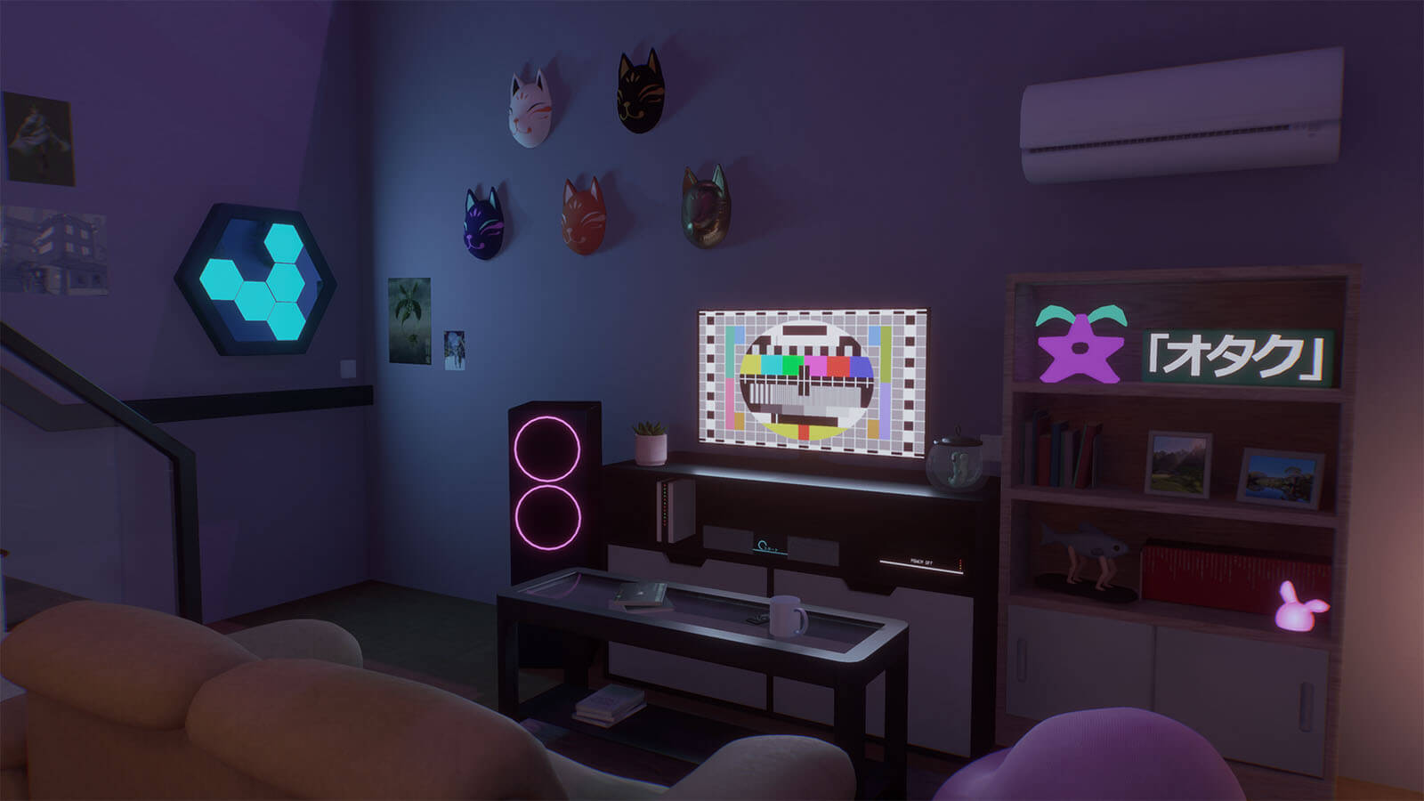 3D view of a small living room and illuminated television