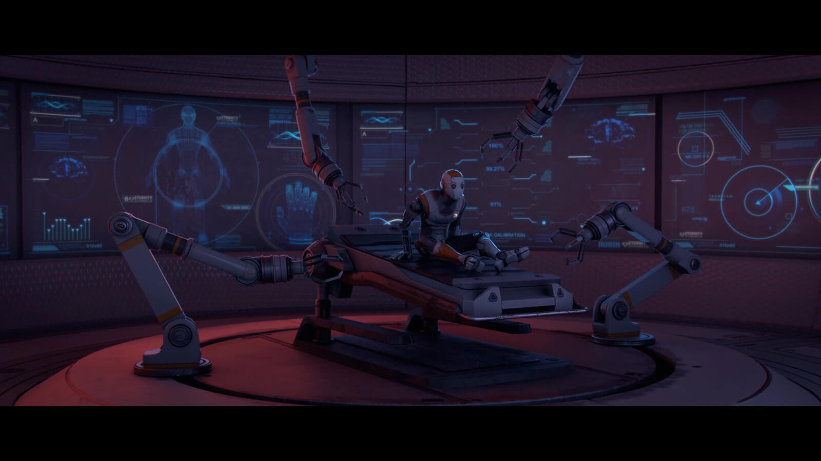 An android sits up in a medical bed surrounded by robotic arms.