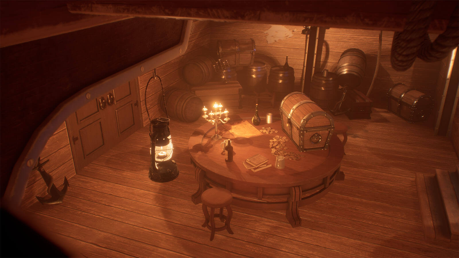 Overhead view of pirate's inner chambers with a treasure chest and other items on a table