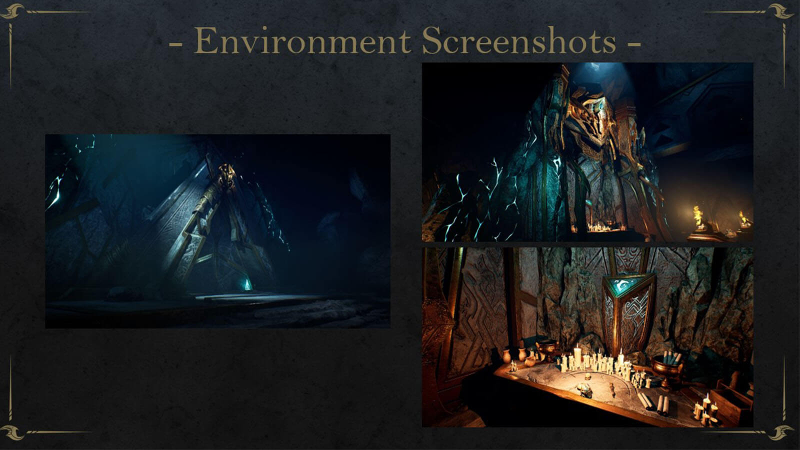 Still image depicting three separate environment screenshots of a 3D dungeon