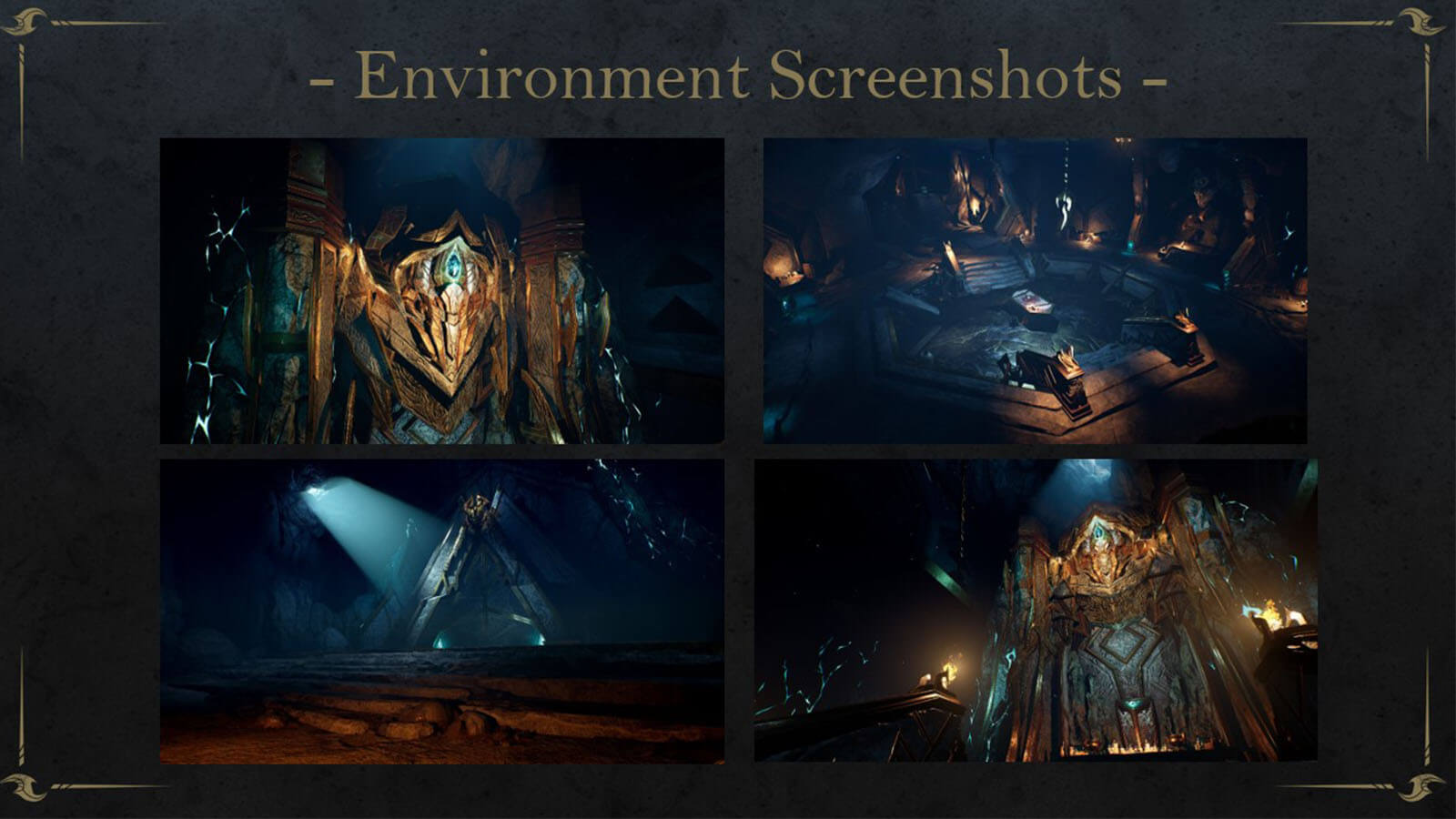 Still image depicting four separate environment screenshots of a 3D dungeon
