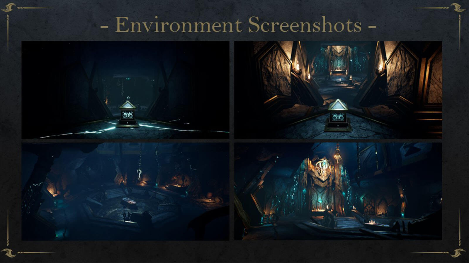 Still image depicting four separate environment screenshots of a dungeon's inner chamber