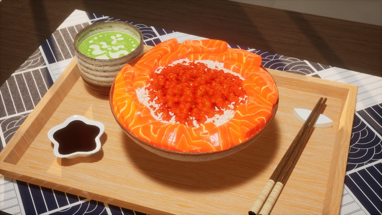 Top-down angled view of a meal on a tray, featuring salmon roe and sashimi