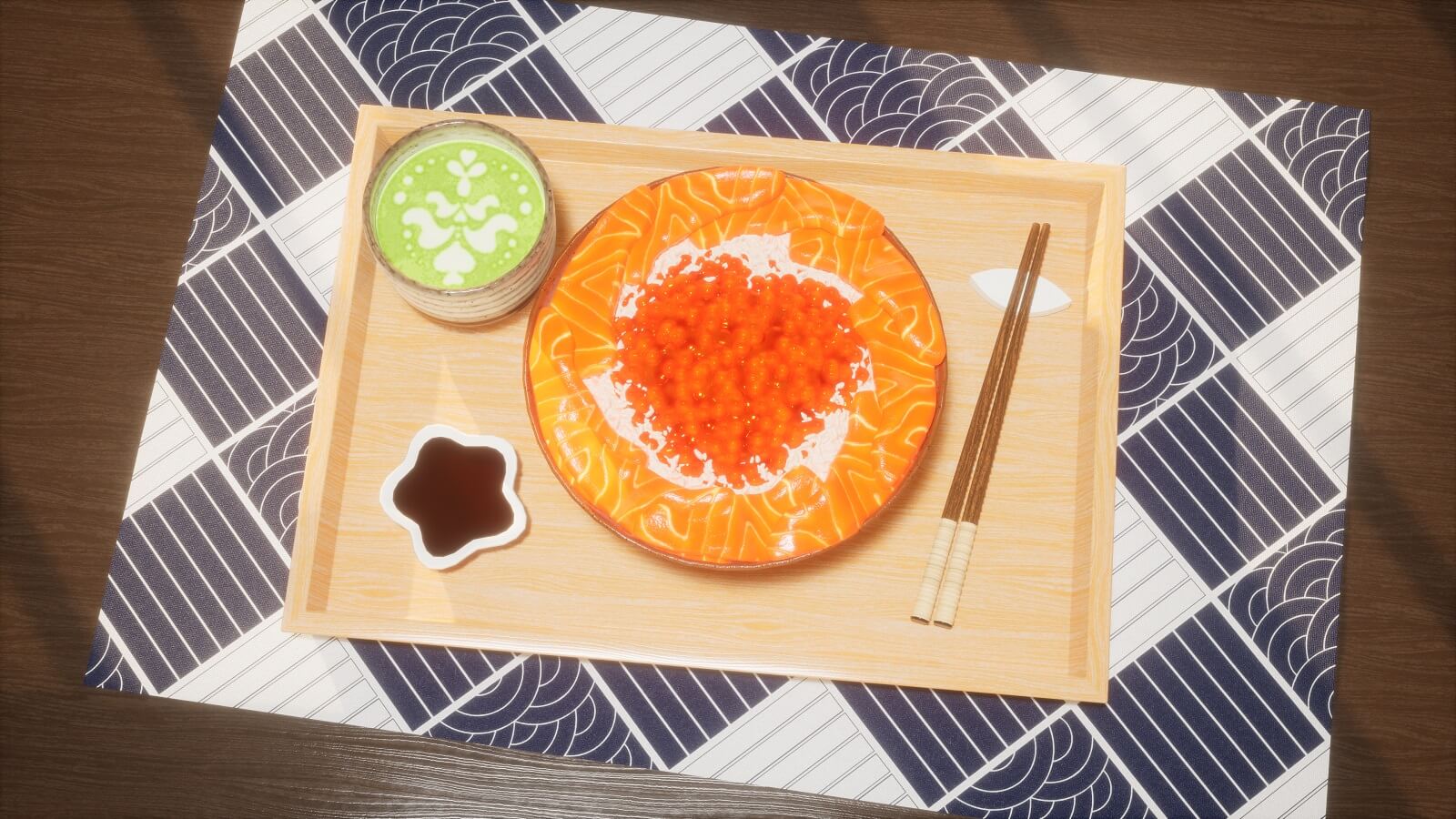 Overhead view of a meal on a tray, featuring salmon roe and sashimi